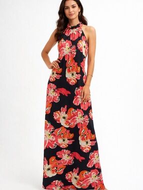 Aakaa Floral Halter Maxi Dress with Pink & Orange Blooms size medium EUC